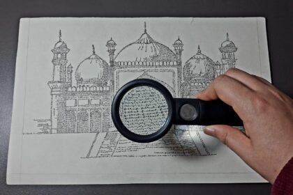 بادشاہی مسجد کا اسکیچ جو شانزے خٹک نے خوردبینی طبیعیاتی فارمولوں سے بنایا