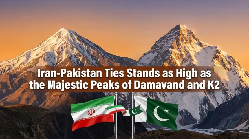 ایران اور پاکستان کے پرچم دماوند اور کے ٹو کی بلندیوں کی علامت کے ساتھ