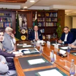 وفاقی وزیر خزانہ محمد اورنگزیب وزارت خزانہ میں ریٹیلرز ٹیکس اسکیم کے اجلاس کی صدارت کرتے ہوئے